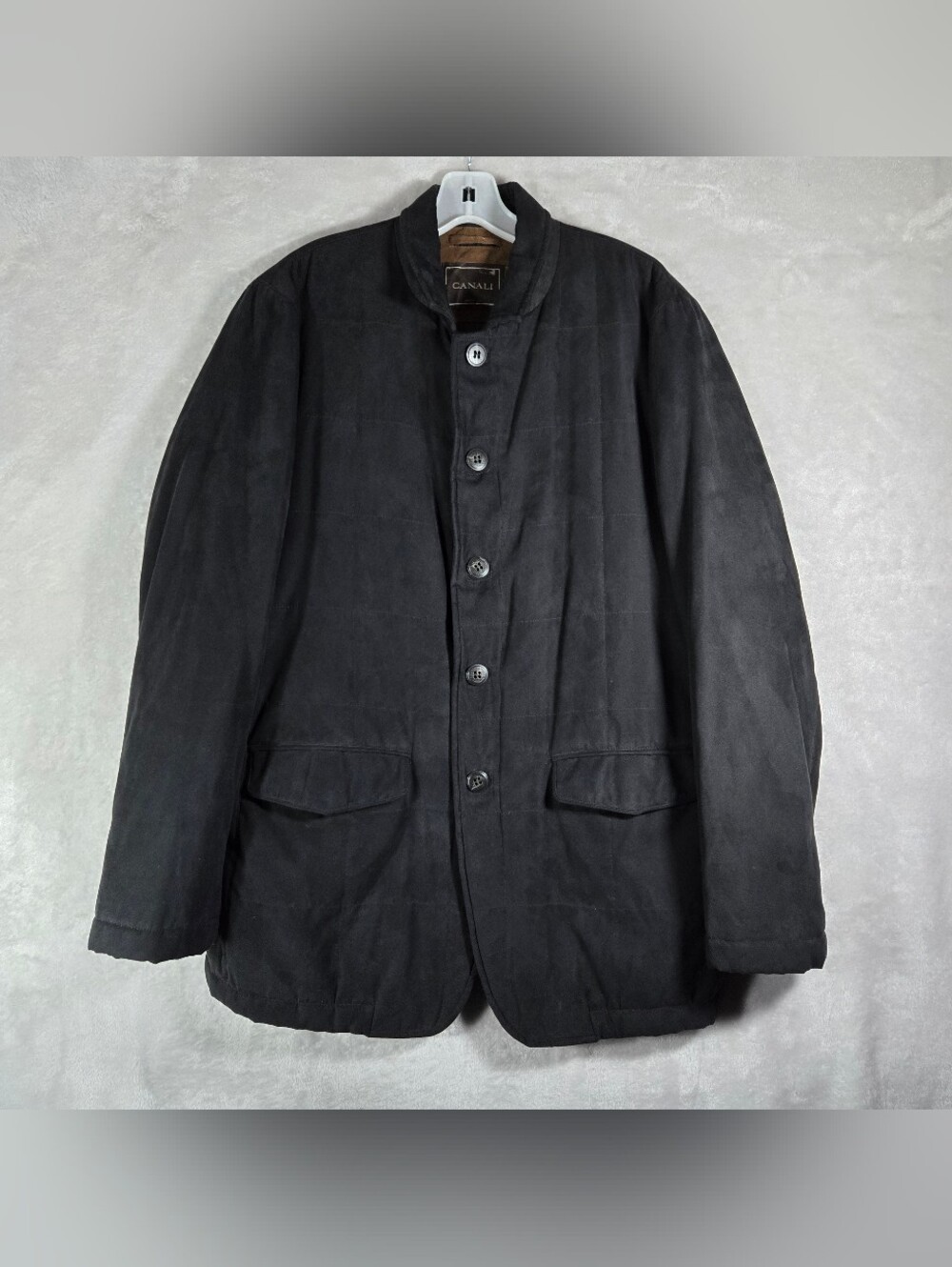 Canali Full Zip Button Up Coat Mens Size 40 Medium Black Quilted Faux Suede
